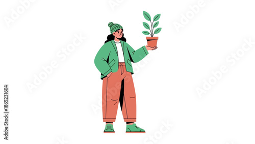Woman holding potted plant, illustration representing growth and care