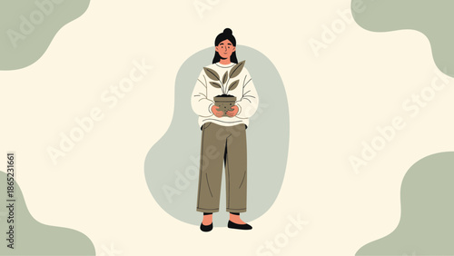 Woman holding potted plant, minimalist illustration, eco-friendly lifestyle concept