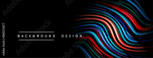 Abstract wavy lines over black background. Vibrant colors create modern design element. Minimalist text labels bottom section.