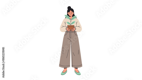 Woman holding potted plant, symbolizing growth, nature, and new beginnings.