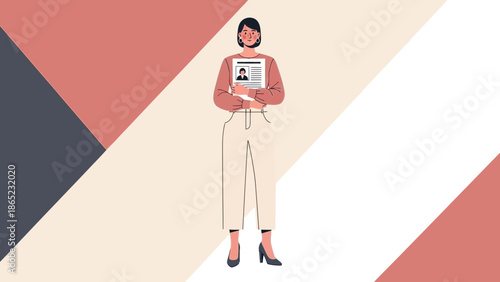 Woman Holding Resume with Photo, Professional Job Application Illustration