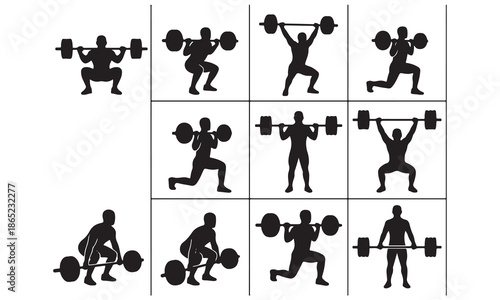 Weightlifting Exercise Silhouettes Set with Barbell – Fitness and Strength Training Vector