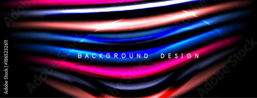 Abstract flowing lines create vibrant, colorful background. Pink, blue, red hues dominate dark space. Modern design element.