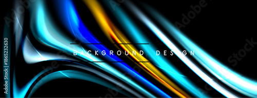 Abstract fluid lines, vibrant colors, dynamic composition. Dark background enhances bright streaks, creating modern visual effect.