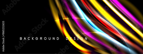 Abstract colorful lines over black background. Dynamic curves create modern design, suitable for digital projects. Bright gradients enhance visual impact.