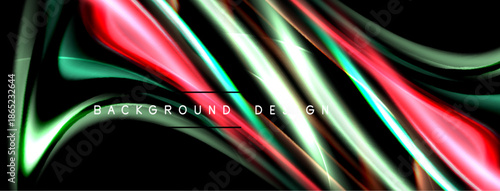Abstract flowing lines, vibrant colors, dynamic composition. Red, green, silver hues blend seamlessly against black backdrop. Modern design element.