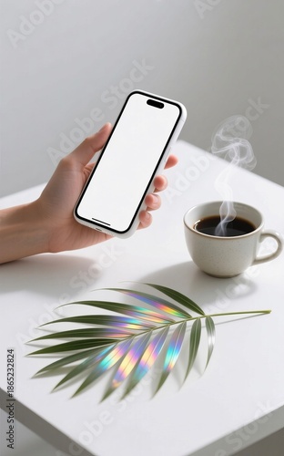 Wallpaper Mural Hand holding smartphone with blank screen near coffee and leaf Torontodigital.ca