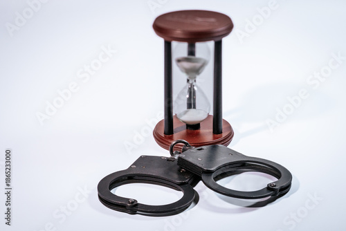 Tableau sur toile Hourglass with flowing sand beside black handcuffs on a white background, symbol