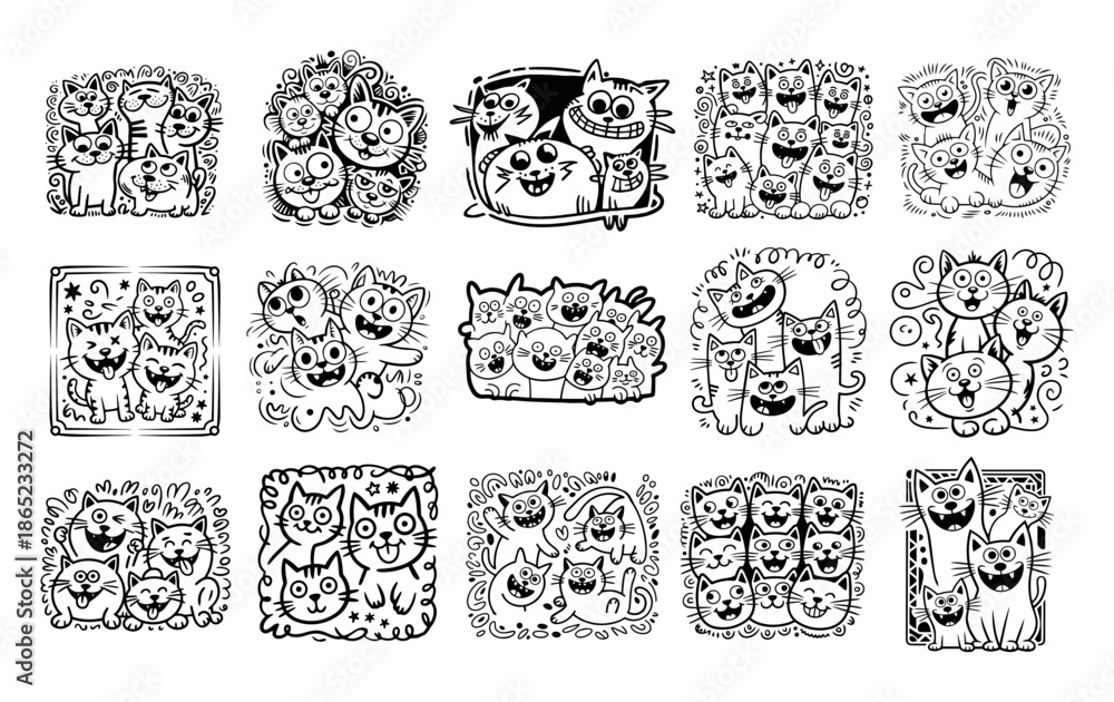 Fototapeta premium Cute and funny cats doodle vector set. Cartoon cat or kitten characters design collection with flat color in different poses. Set of purebred pet animals isolated on white background. 