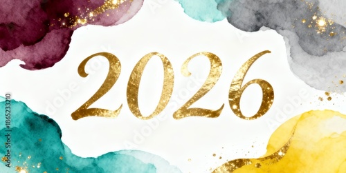 Golden 2026 text with watercolor and glitter background