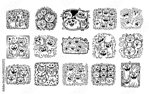 Cute and funny cats doodle vector set. Cartoon cat or kitten characters design collection with flat color in different poses. Set of purebred pet animals isolated on white background.

