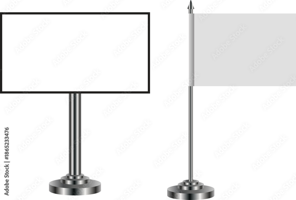 Obraz premium Realistic Outdoor Advertising Stand Billboard And Vertical Flag Sign Vector Mockup Design