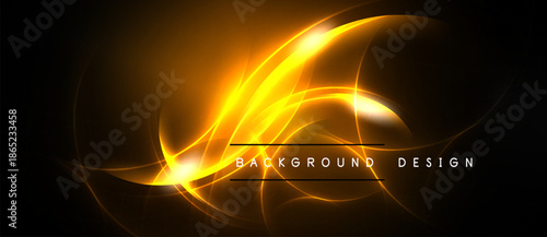Abstract golden energy flows, dynamic curves, dark backdrop. Bright light creates visual impact, modern design element.