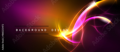 Abstract vibrant design features flowing curves, gradients. Pink, orange hues dominate dark background. Modern aesthetic.