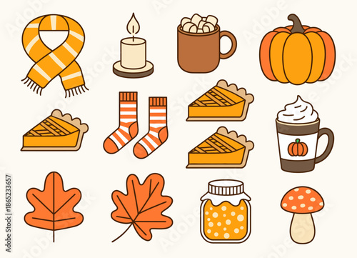 Autumn season flat of pumpkin pie scarf socks hot chocolate jar of jam candle and leaves fall