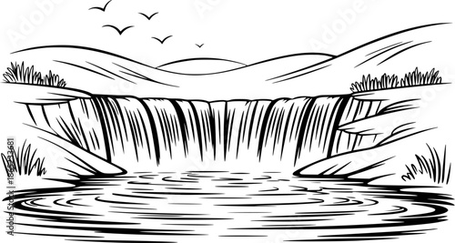 Black and white of a waterfall cascading into a rippling pool with birds flying overhead and grassy banks