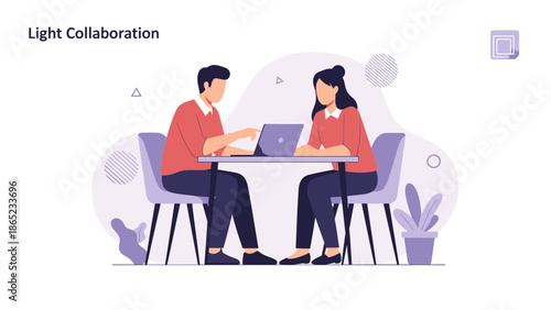 Two people collaborating on a laptop at a table, modern flat illustration