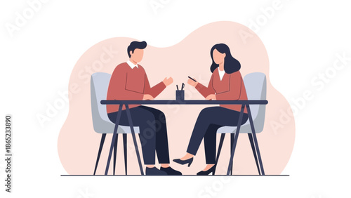 Two people in a business meeting, discussing ideas at a table, vector illustration.