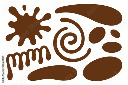 Collection of brown liquid splashes and shapes white background blob