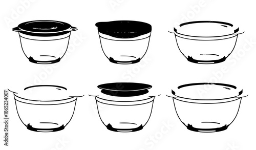 Plastic food containers with colored lids and transparent bowls realistic vector set isolated on white background