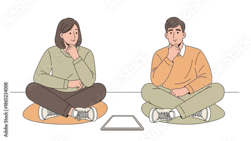 Two people thinking cross-legged with tablet in between, brainstorming concept