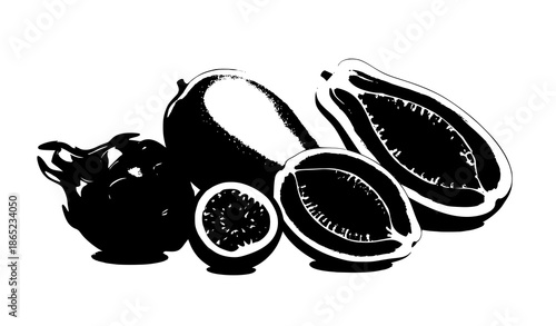 Assorted ripe tropical fruits with slices realistic vector set isolated on white background