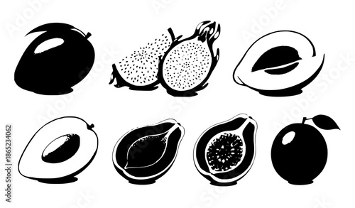 Ripe tropical fruits and slices realistic vector set with mango pitaya papaya and passionfruit on white background