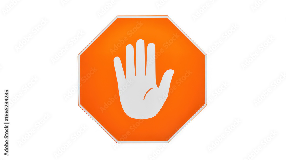 Obraz premium Orange octagonal stop sign with white hand traffic sign isolated on a transparent background