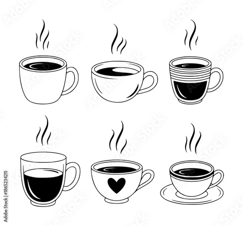 Different black and white of steaming coffee cups with various drink beverage