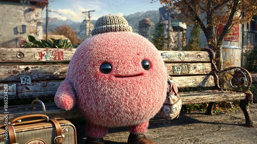 Cute Character Animated Creature: Pink Plush Figure With Cozy Hat And Suitcase On Bench In Whimsical Outdoor Setting Vibrant Fantasy World Adventure Vibe Cartoon Style