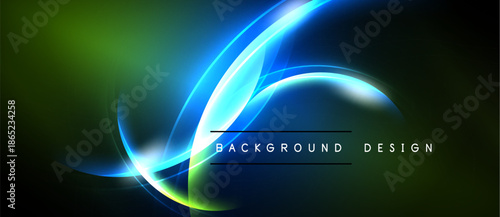 Abstract vibrant design features flowing neon curves. Green, blue hues blend into dark background. Modern aesthetic.