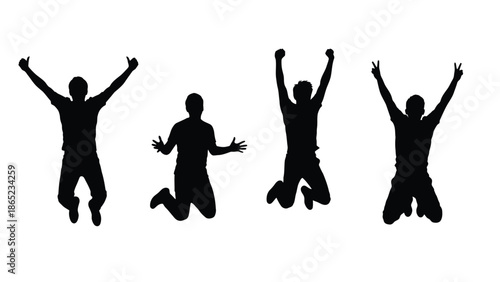 Silhouette collection of four joyful young men jumping high in the air celebrating success achievements with enthusiastic poses against a stark white background
