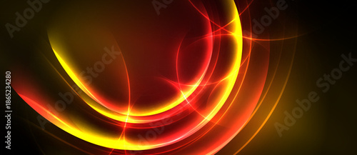 Abstract design features vibrant orange, red glows. Curves intersect creating dynamic energy, dark background enhances luminosity.