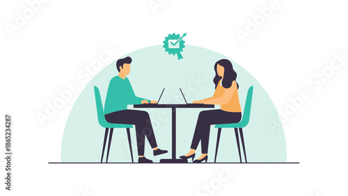 Two professionals working on laptops at a table with a quality check icon