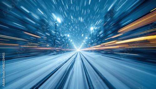 High-speed travel through a snowy urban landscape with streaking lights and motion blur