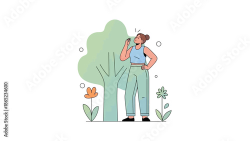 Woman applying makeup outdoors near a tree and flowers, flat illustration style