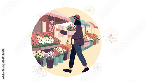 Woman Buying Flowers at Outdoor Market Stall
