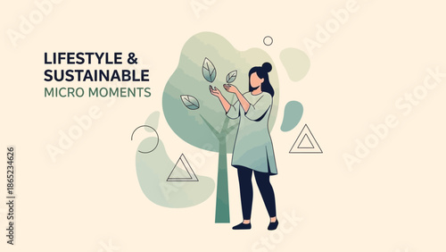 Woman Caring for Leaves by Tree - Sustainable Lifestyle