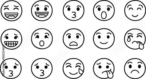 Black and white sketch set of hand drawn emoji faces showing various emotions