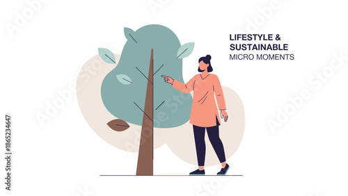 Woman Caring for Tree, Sustainable Lifestyle Micro Moments, Eco-Friendly Concept
