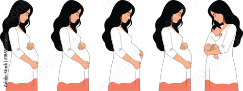 Pregnancy to Motherhood Stages Illustration Showing Expecting Woman Growth and Newborn Baby Flat Vector Set