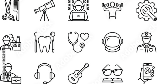 Collection of profession, hobby, and industry line icons featuring tools, workers, medical symbols, technology, fitness, and creative activities in minimalist vector design