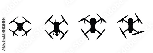Set of drone icons. black silhouette quadrocopter. modern unmanned aerial vehicle vector