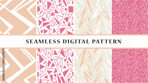 Seamless digital patterns with geometric shapes and abstract designs in pink peach and white hues for creative projects and backgrounds with seamless pattern