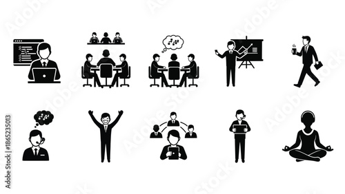 A collection of business and professional icons illustrating diverse activities like coding meetings presentations success customer support and mindful meditation practices