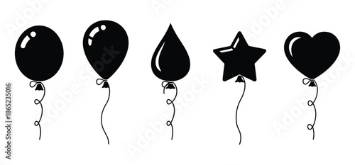 Set of black silhouette balloons. different shapes, round, drop, star, heart with strings