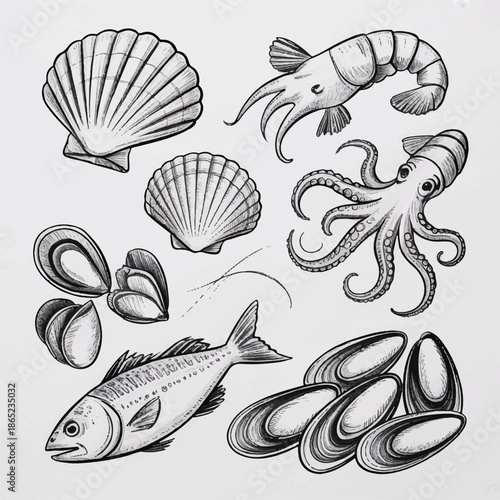 Hand-Drawn Seafood Collection: Vintage Ink Sketch of Fish, Shrimp, Octopus, Scallops, and Mussels on White Background