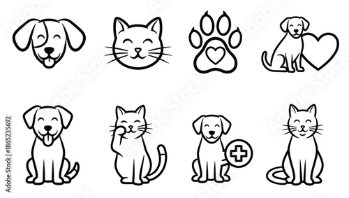 Cute pet icons outline style set animal portraits dog cat head full body paw print heart.