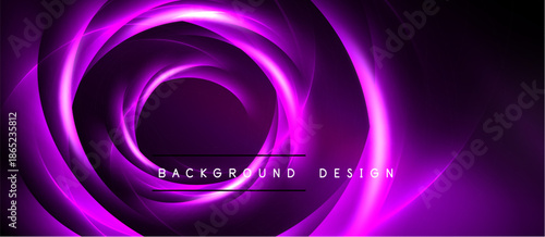 Abstract purple swirls create dynamic vortex. Center text reads background design. Dark backdrop enhances glowing effect.