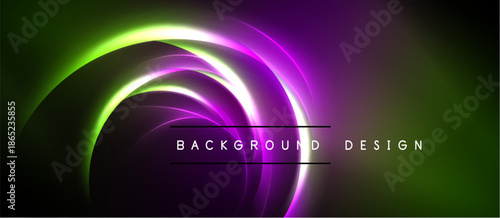 Abstract neon swirls, vibrant green, purple hues. Dark background creates dramatic visual effect. Modern design element.